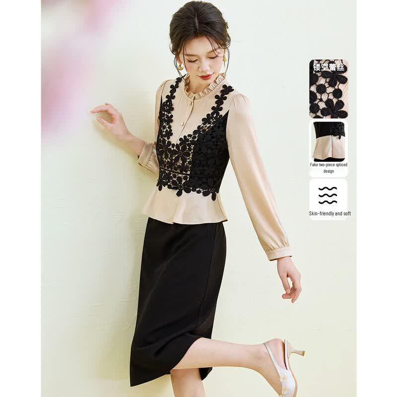 Elegant Hollow-out Lace Spliced Faux Two-Piece A-line Dress M