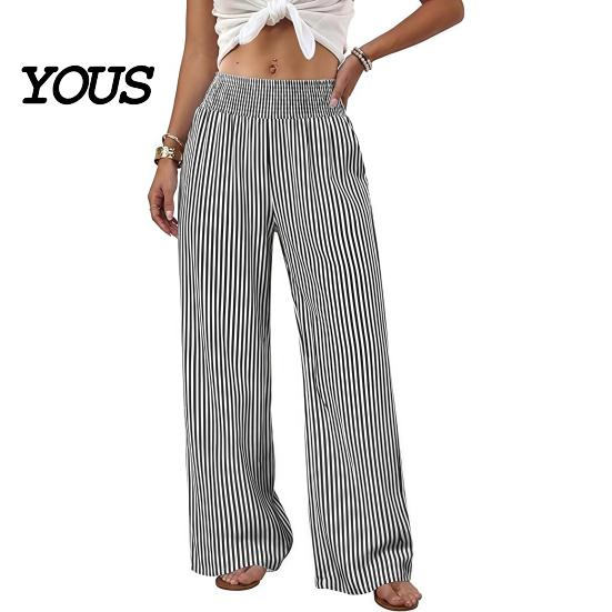 Breathable Summer Pants Women Striped Wide Leg Pants, Elastic Waist Casual Trousers Trousers, Loose Fit Palazzo with Pockets Lightweight