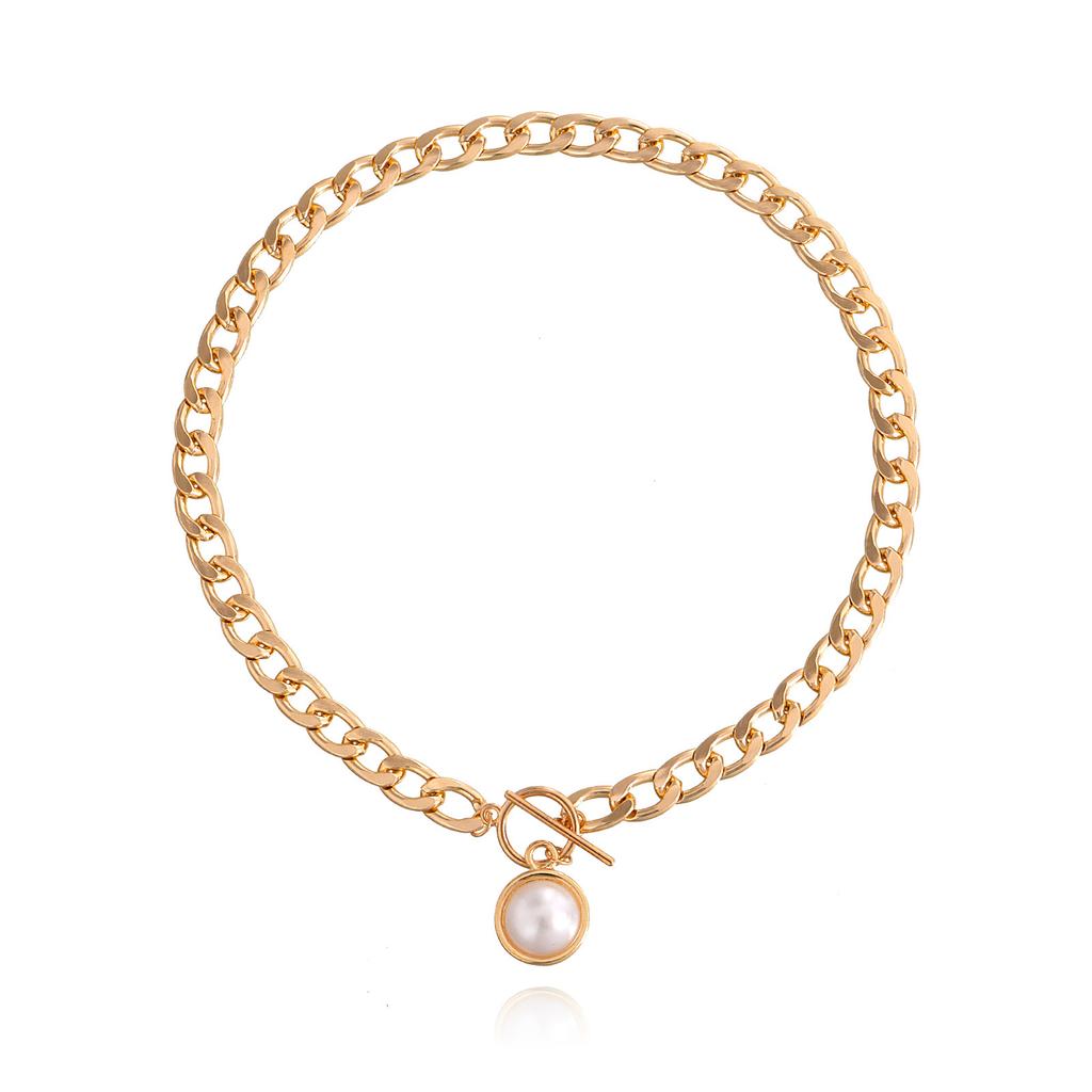 Simple Cuban thick chain OT buckle pearl pendant necklace, punk ins trend item.