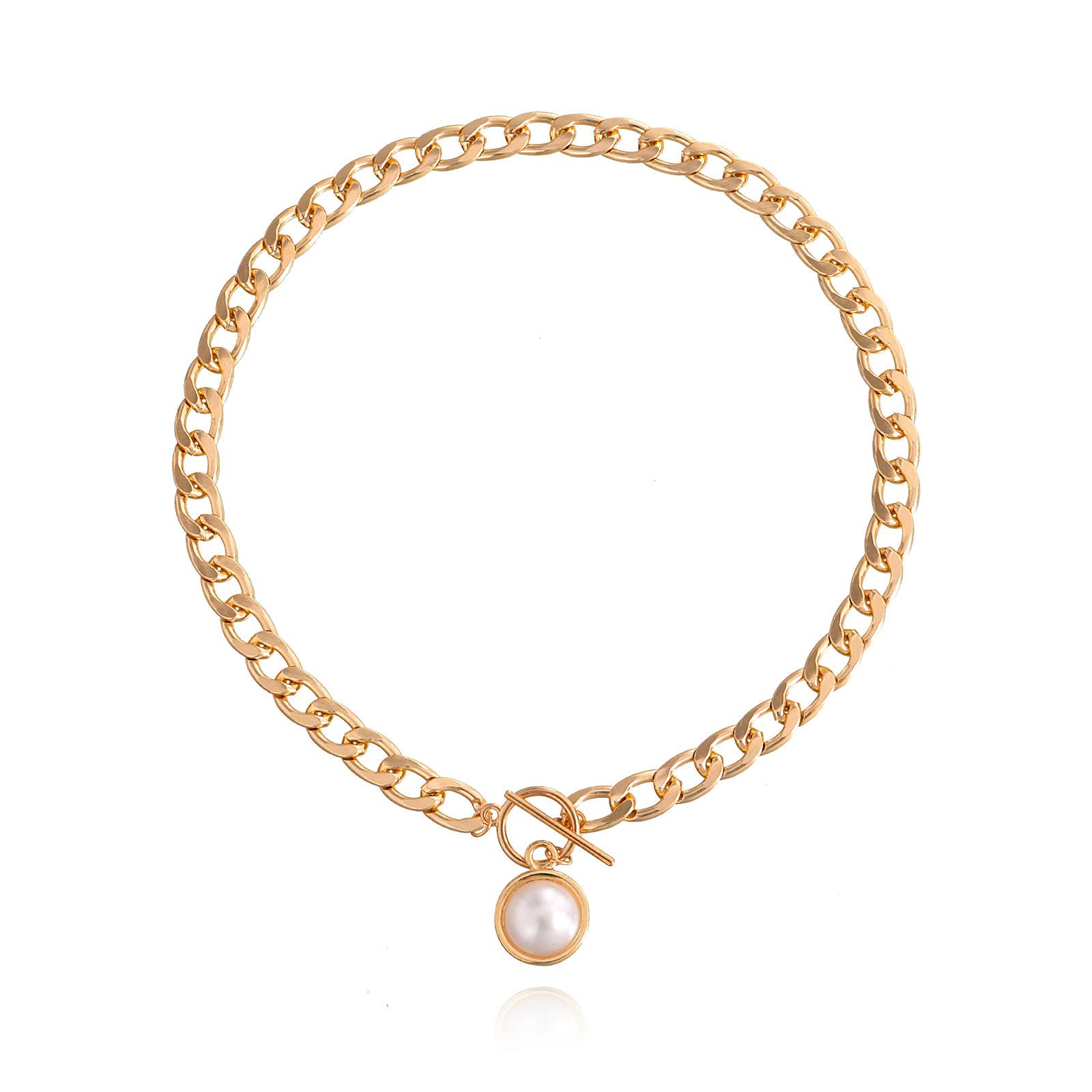 

Simple Cuban thick chain OT buckle pearl pendant necklace, punk ins trend item. золотой