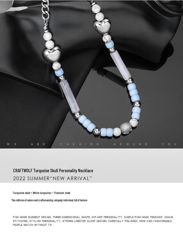 Trendy Titanium Steel Skull Necklace with Diamonds & Pearls for Couples