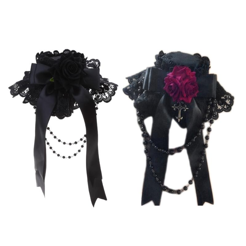 Lolita Ribbon Bows Beaded Pendant Bonnet Cap Headdress Gothic Flower Lace Mini Top Hat Headwear Cosplay Accessories