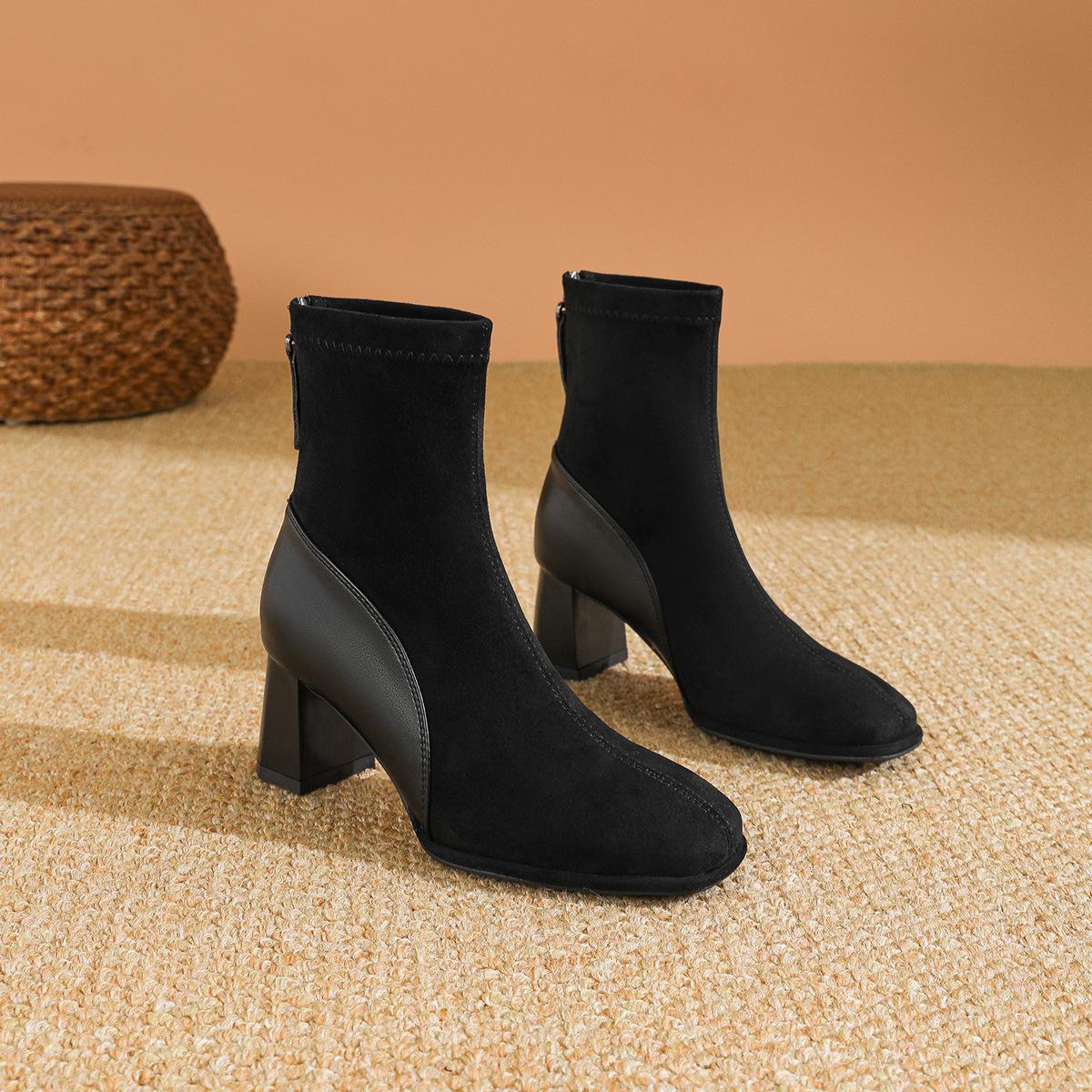 

Square head French small short boots 2024 new autumn and winter medium tube thick heel single boots splicing fashion high heel thin boots 34 чёрный