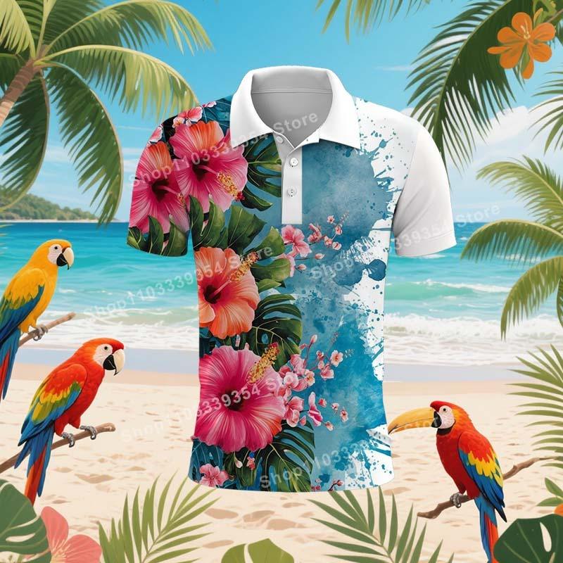 Hawaiian Beach Coconut Trees Polo Shirt For Men Summer 3D Print Leaves Short Sleeve Golf Polo Shirts Street T Shirt Tops