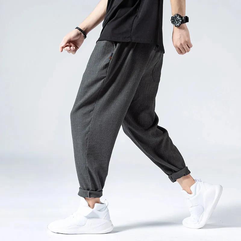 Men's Summer Thin Ice Silk Leisure Loose Nine-minute Trousers Solid Colour Simple Quick-drying Trousers