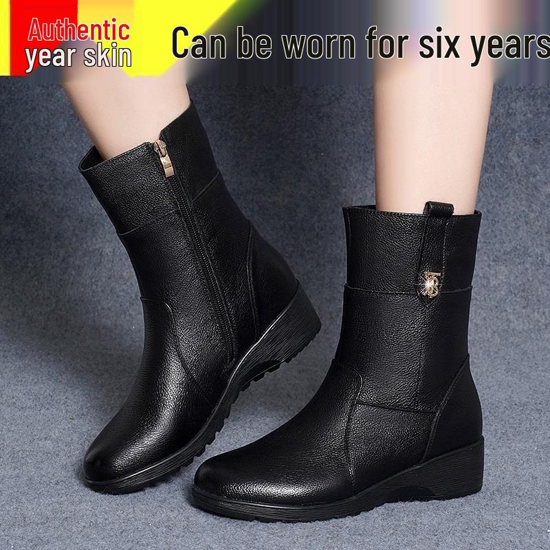 2025 Autumn/Winter Women's Fleece-Lined Wedge Heel Non-Slip Mid-Calf Cotton Martin Boots with Short Height Insole