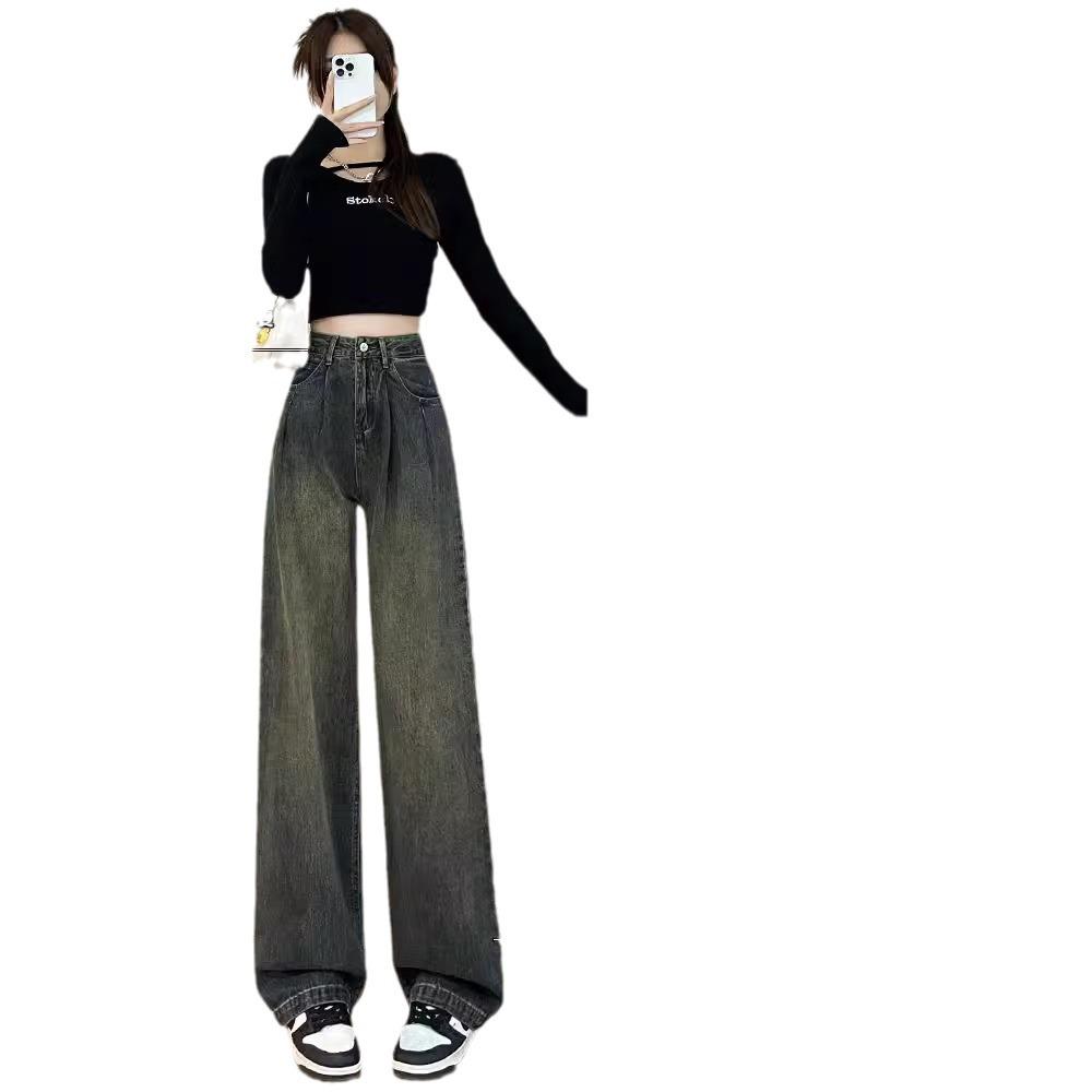 Pleated Wide-Leg High-Waist Gray Jeans for Women - Retro & Nostalgic Autumn Wear