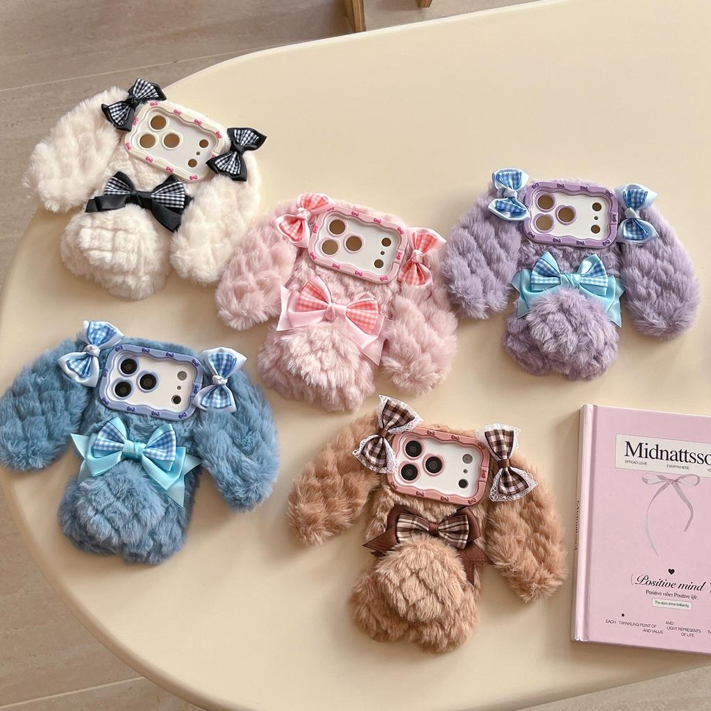 Plush Bow Diamond Lattice Rabbit Ears Phone Case for iPhone 17/16 Pro Max