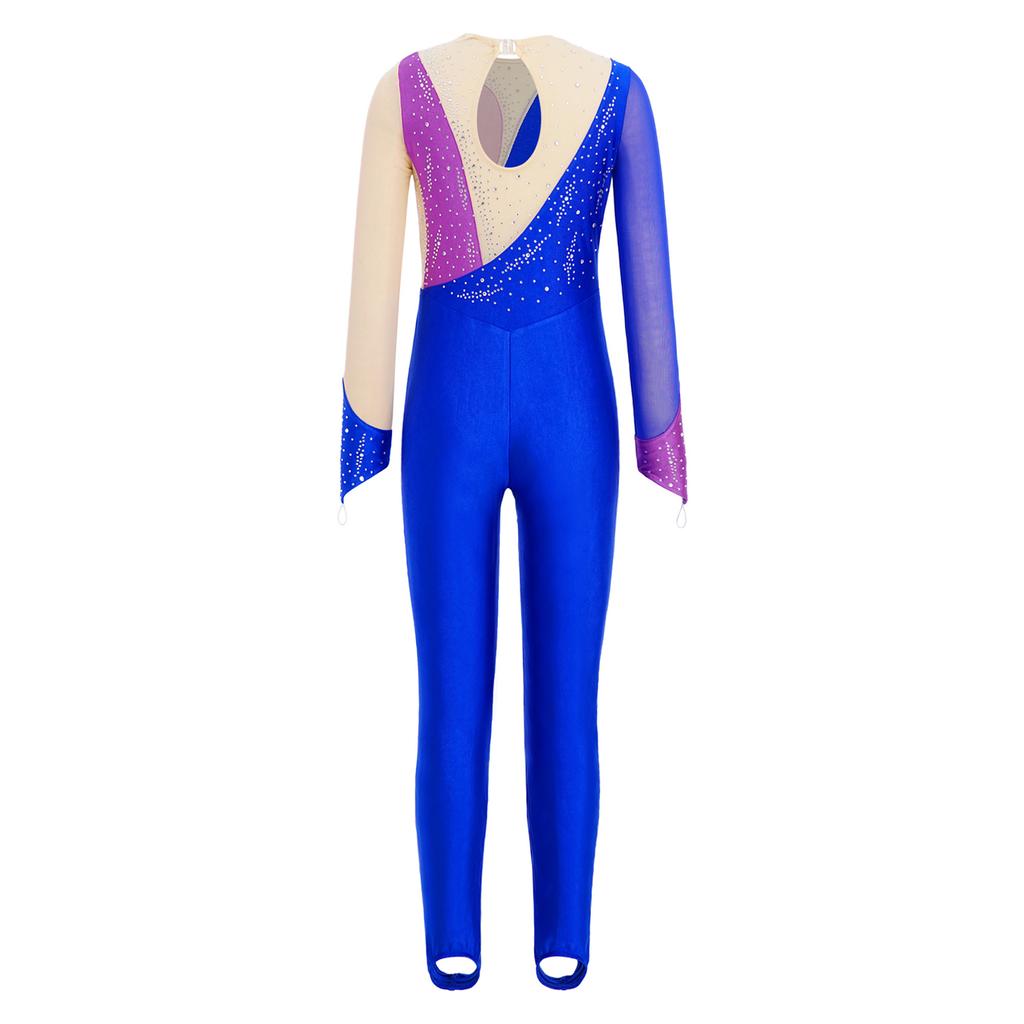 Veelzijdige Trainings- & Wedstrijdjumpsuit voor Kinderen Meisjes: Kenmerken Vingergaten, Mesh Patchwork & Strass Accenten
