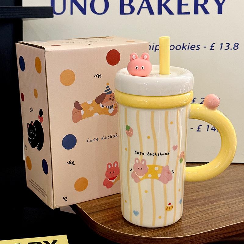 Cartoon Straw Cup Large Capacity Ceramic Drinking Cup with Lid Cute Animal Breakfast Milk Cup Souvenir
