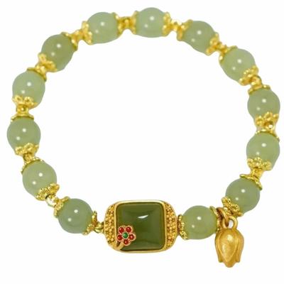 Chinese Style Hetan Jasper Bracelet Apricot Elastic Wristband Beaded Bracelet  Birthday Gift