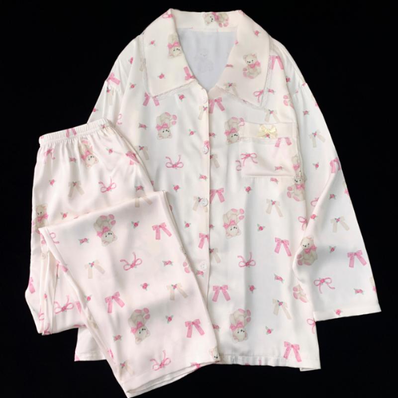 Pink Little Bear Print Lace Women Pajamas Korean Cartoon Cute Bow 2pc Nightwear New Autumn Lady Sleepwear