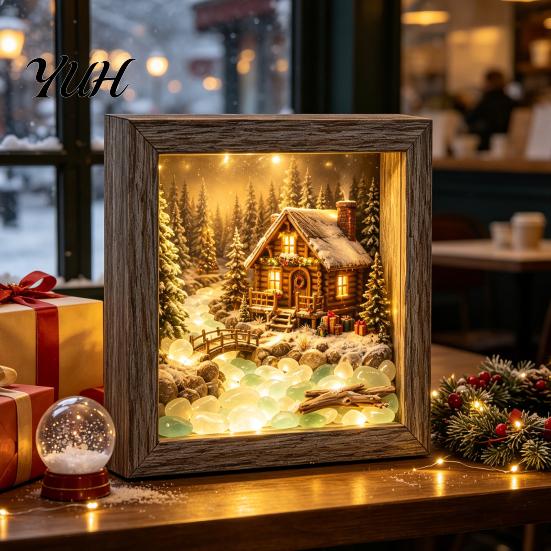 Christmas Desktop Night Light Sea Glass Shadow Box Light, 3D Winter Snow Scene Wooden Cozy Atmosphere Lamp Art Frame with LED Warm Glow, Landscape