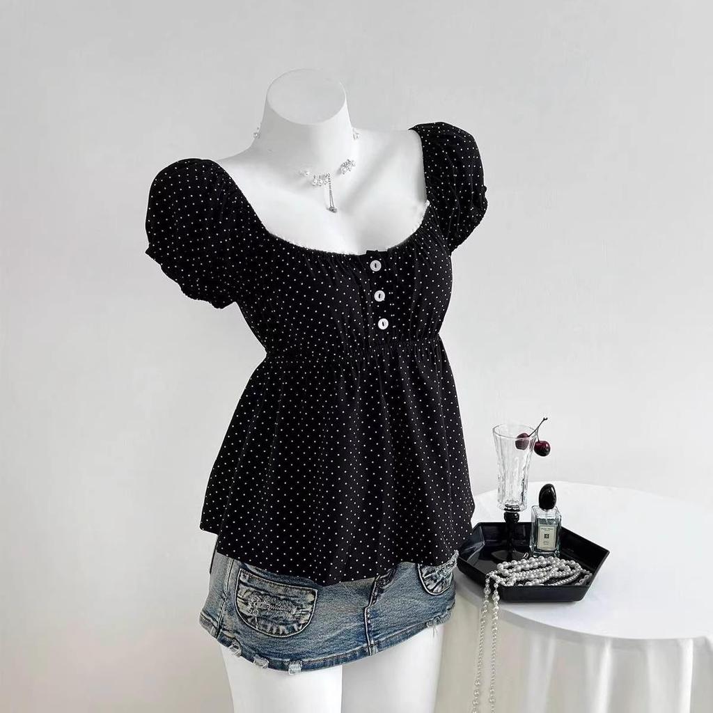 2025 European Summer Polka Dot Puff Sleeve Women's Top with French Square Neck