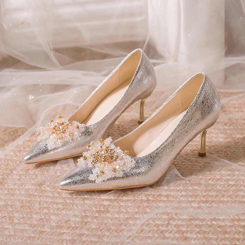 Pointed Stiletto Applique Solid Color High Heels Festive Wedding Dress Wedding Shoes Bride Show Shoes Korean Version of Fashion