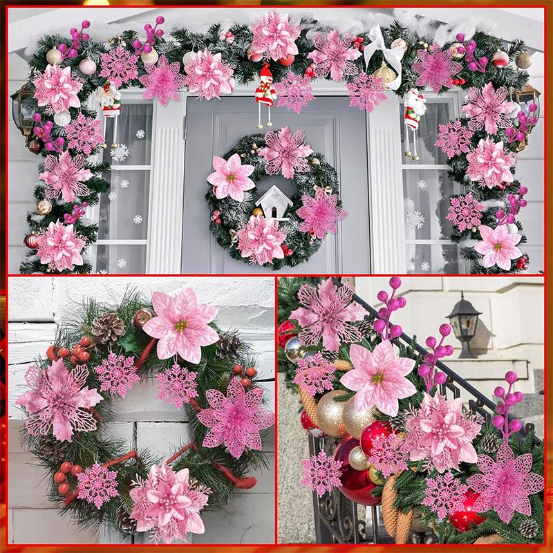 1 Set 11/13/14cm Rosa Künstliche Glitzer Weihnachtsblumen Weihnachtsbaum Kranz Hängende Ornamente Heimparty Neujahrsdeko Navidad