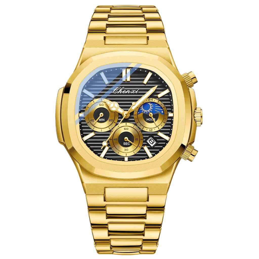 2025 Luxury Watch Men Business Fashion Waterproof Stainless Steel Chronograph Moon Phase Quartz Wristwatch Male Clock