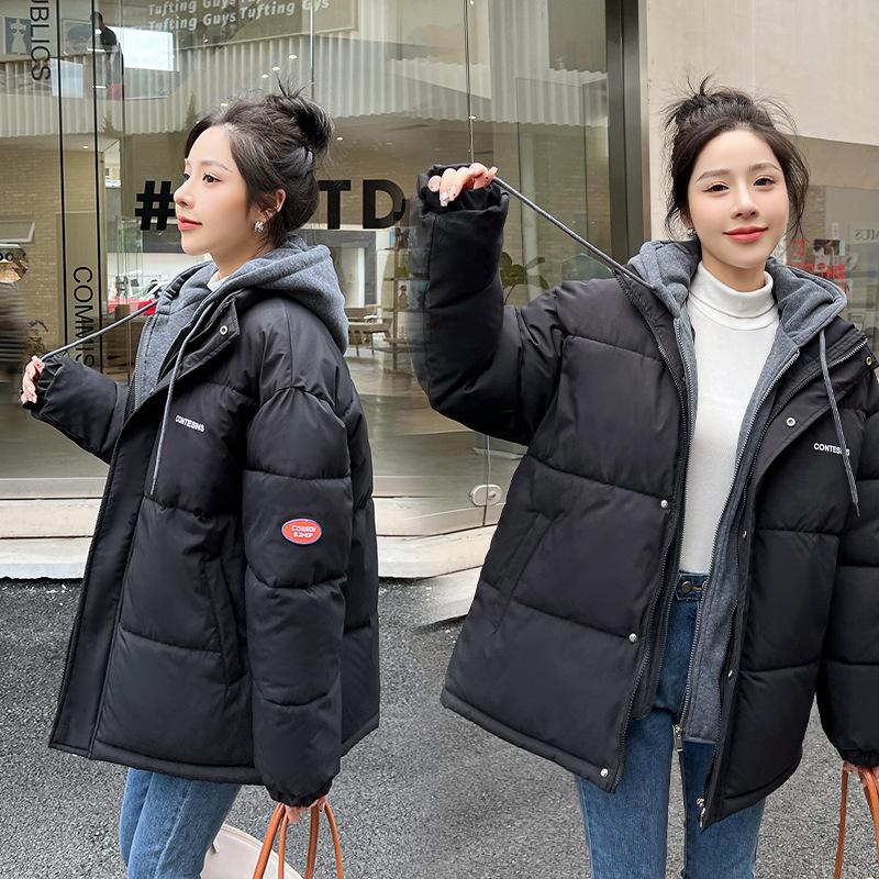 Winter Women's Fake Two-piece Cotton Clothes, Hooded Thickened Cotton-padded Clothes, Trendy Coats, Available from Stalls