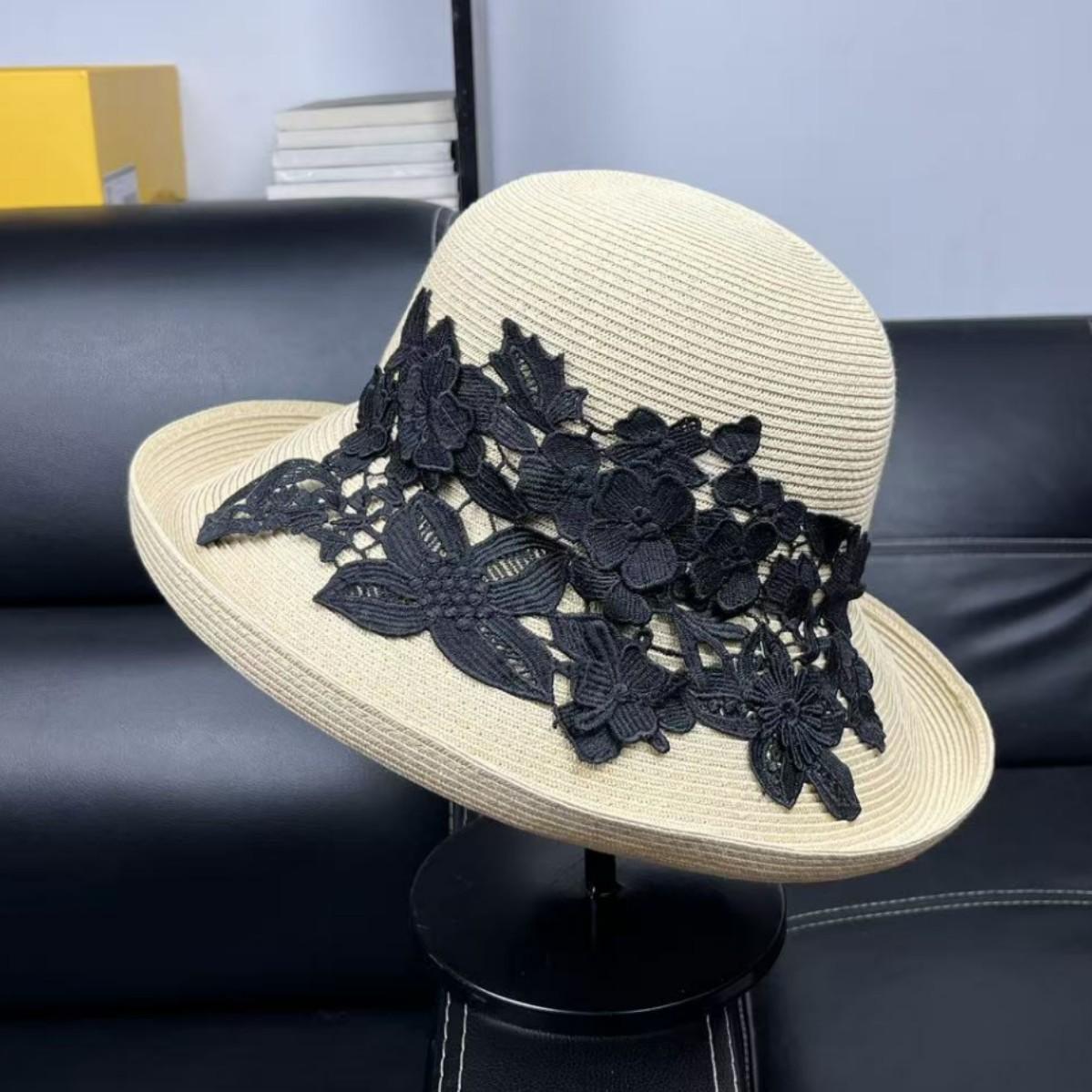 

2026UV sun hat straw hat children foldable beach visor summer lace bucket hat big edge hat M（55-58cm） бежевый
