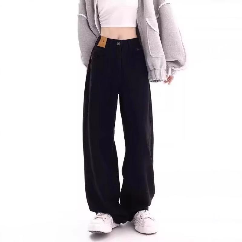 Women's American Retro Black Straight-Leg Jeans - Slimming, Pear-Shaped Fit, Wide Leg, Spring/Autumn 2024 Collection