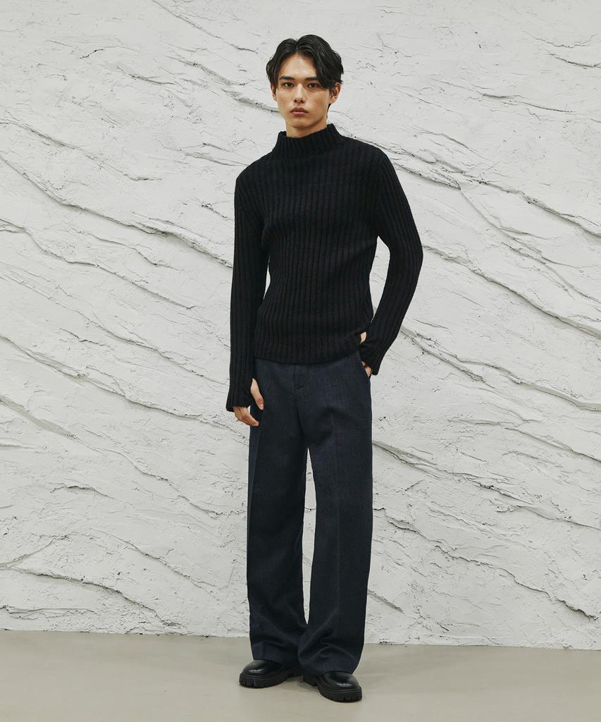 SIGNATURE Wool-Like No-Tuck Wide Fit Slacks [Navy Stripe]