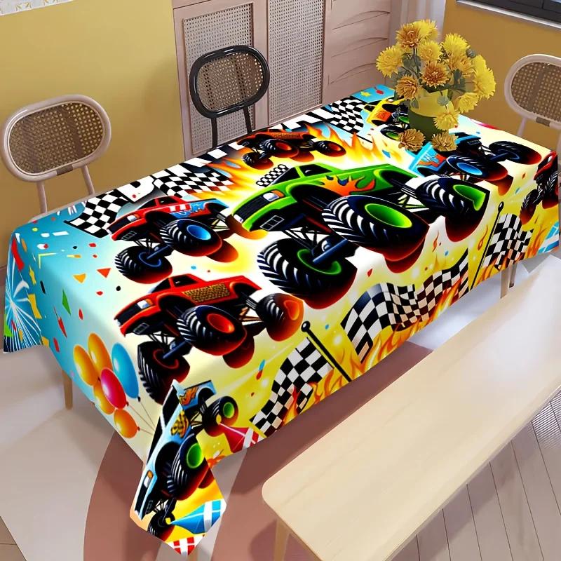 1 Stück Geburtstagsparty-Tischdecke, Monster-Truck-Thema, Rechteckige Polyester-Tischdecke.PMJ