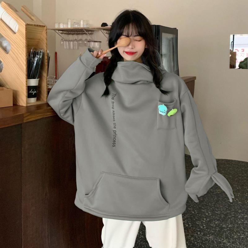 Women's Trendy Frog Pullover Hoodie - Long Sleeve, Unisex, Plus Velvet, Autumn/Winter Style