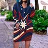Women Plus Size V Neck Long Sleeve White Red Blue Printed Fitted Dress