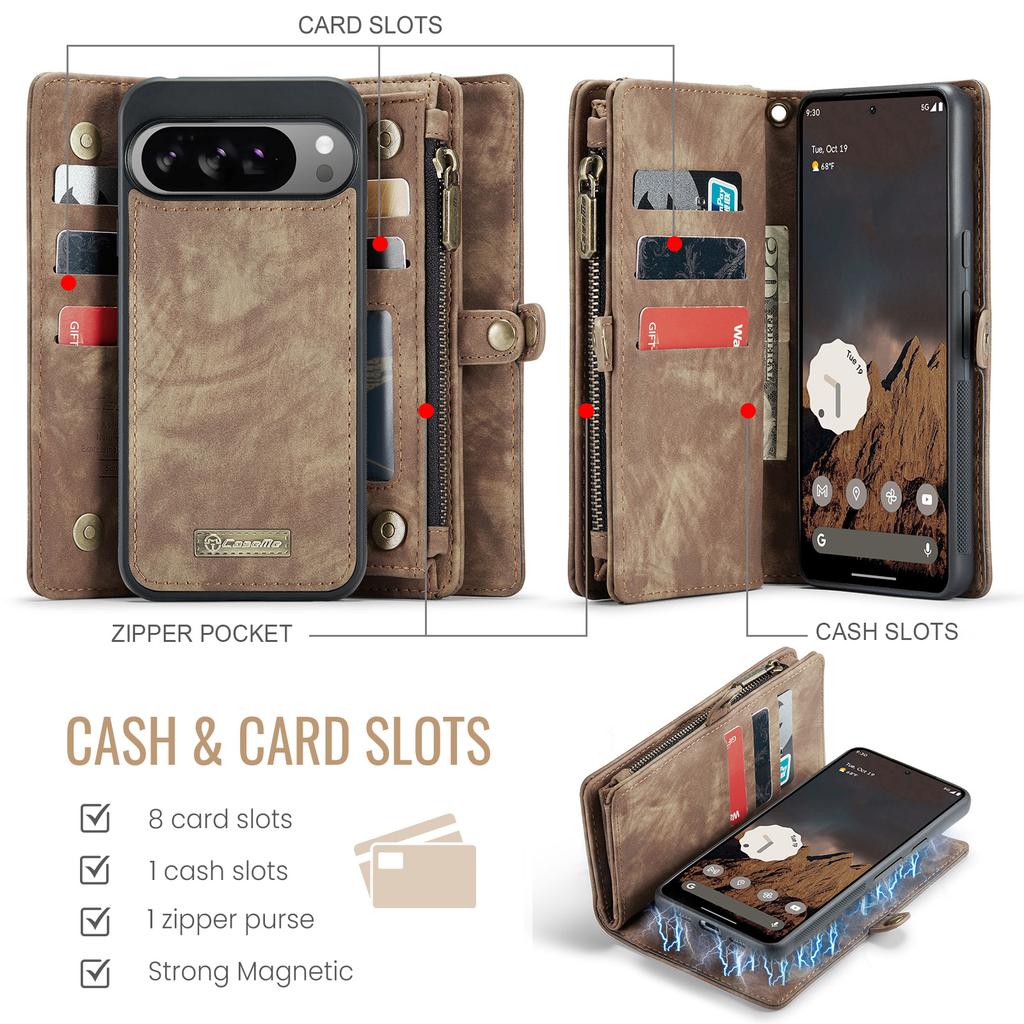 Detachable Magnetic Leather Phone Case for Google Pixel 10 Pro XL Pixel9 9A Wireless Charging Card Slot Wallet Hand Strap Cover