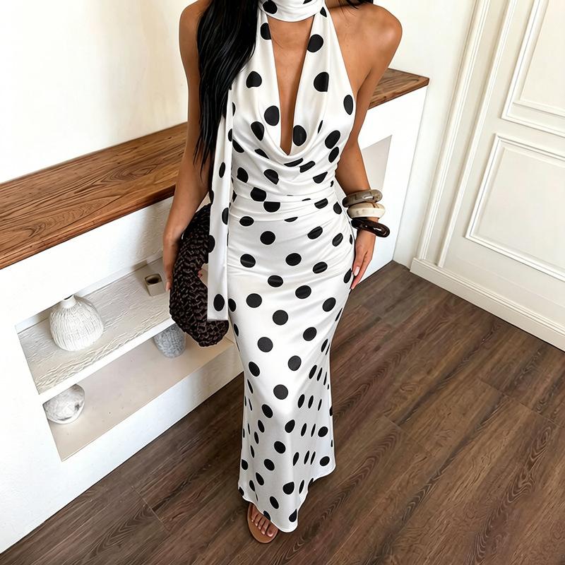 French Hepburn Style 2026 New Sexy Polka Dot Print Pocket Collar Halter Waist Pleated Dress S