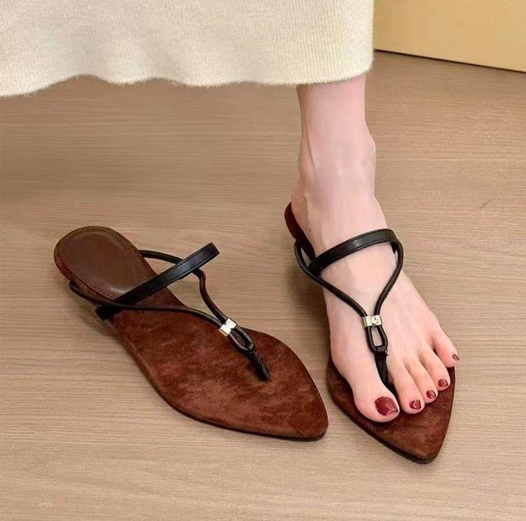 Soft leather version~ Simple two-wear retro wedge heel Roman shoes, women's pointed toes with thin belt temperament, open-toed toe sandals