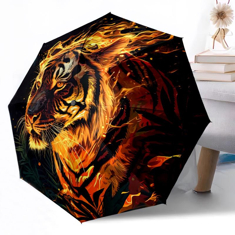 Flaming Tiger Emblem Outdoor Automatic Umbrella Retractable Design with 8-Rib Durability Lightweight Perfect Gift for Friends Family