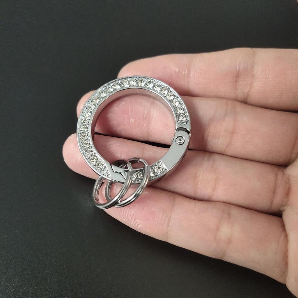 Rhinestone Circle Car Keychain with Gold Edge, Rope, Metal Keyring Pendant for Hyundai – Waist Hanging Household Hardware Buckle