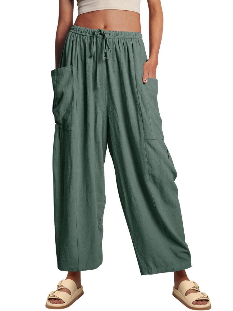 Elastic waisted pleated high waisted wide leg pants, loose casual cotton and linen pants