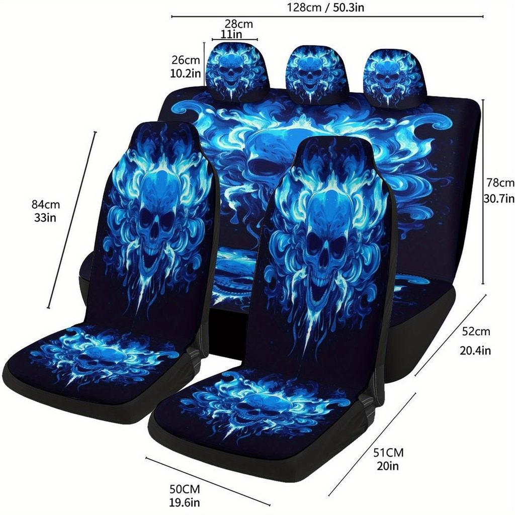 Blue Swirl Skull Art Designed Car Seat Cover Set For Most Cars, High-quality Comfortable Car Seat Protector Covers Full Set, Uni
