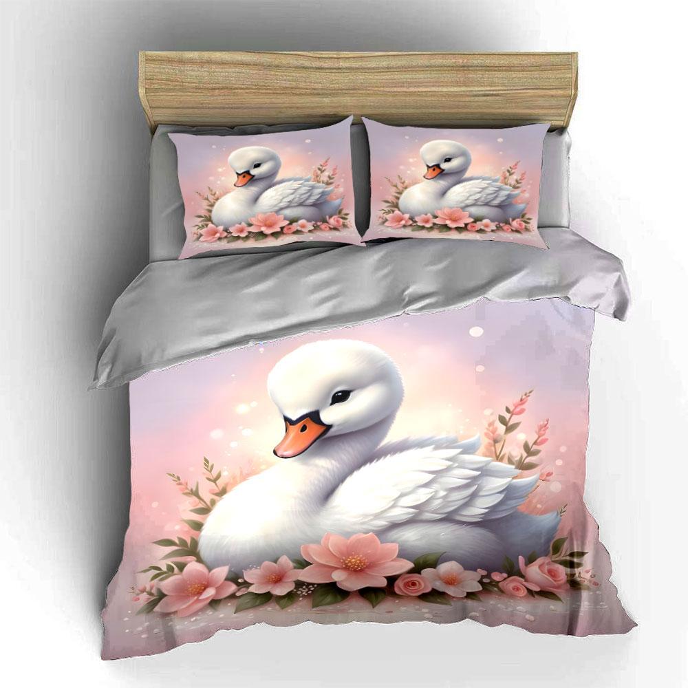 Swan With Pink Floral Background Printed Duvet Cover Set1 Duvet Cover+2 Pillowcasemulti Size Bedroom Bedding Decor