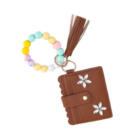 RFID Shielded Card Holder with Rhinestone Flower And Beads Decor Women Wristband Wallet Keychain Faux