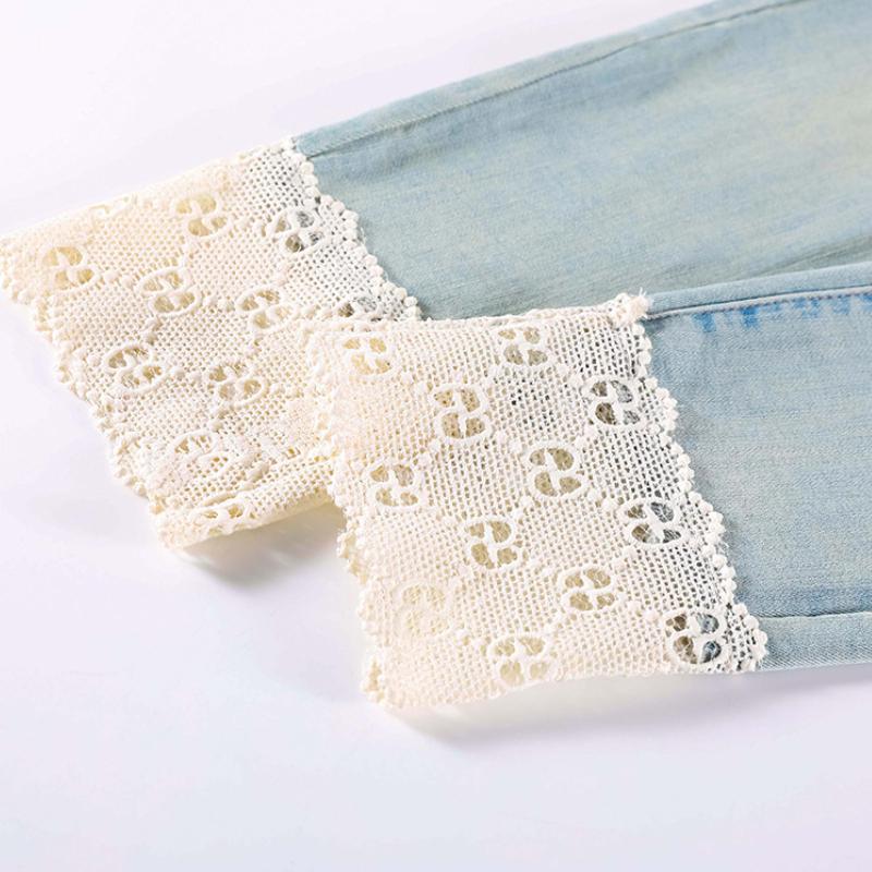 GMXIA Lace Splicing Straight Jeans Female Spring Retro High Waist Thin Small Nine Baguette Cigarette Trousers