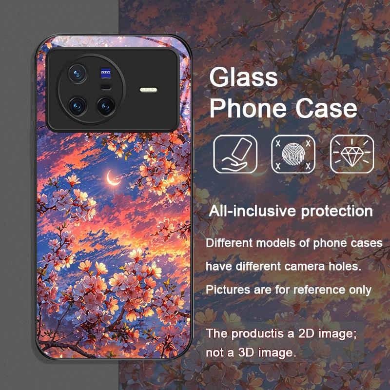 Moon Cherry Blossom Pattern Scenery Tempered Glass Phone Case for OPPO Reno 13 F 12 11 Pro 10 SE Find X3 Lite X5 A79 A58 Covers