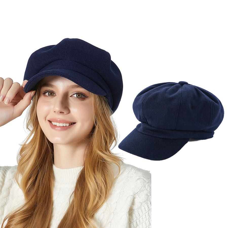 Восьмиугольная шляпа, женская осенне-зимняя однотонная шерстяная шляпа художника темно-синий