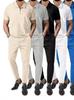 2025 European and American Men's Solid Color Short Sleeve Waffle Lapel Suit with Zipper Trousers for Spring and Autumn