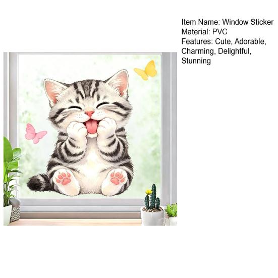 Cute Cat Window Cling Cartoon Kitten Butterfly Decals Reusable Watercolor Animal Static Glass Sticker