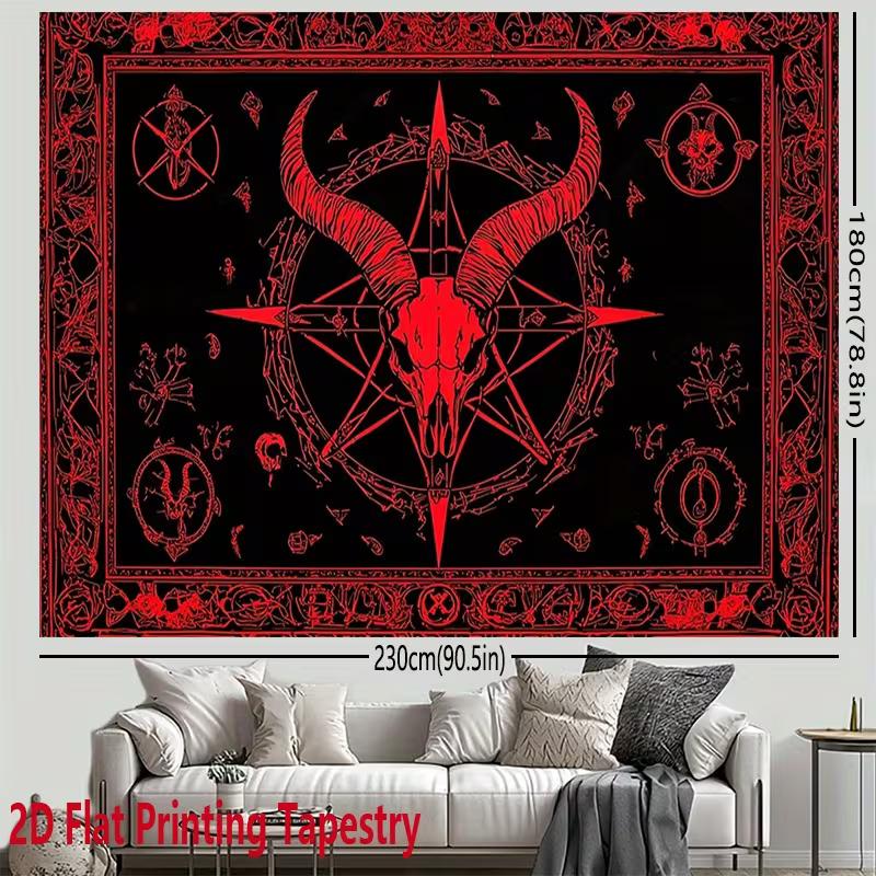 Arazzo 2D Testa di Capra Satanica Oscura Pentagramma Rosso Simboli Occulti Stregoneria Decorazione da Parete