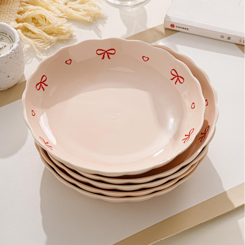 Bow Pattern Ceramic Plates Household 8 Inch Underglazed Colour Cream Wind High End Dinner Tableware Aesthetic Pink Deepen Dish