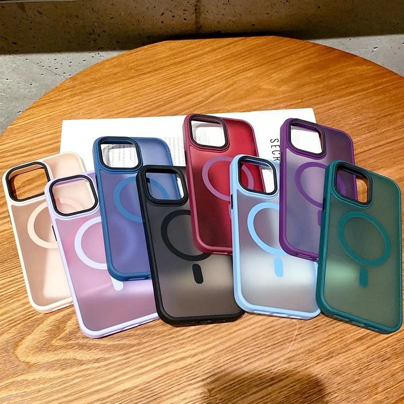 Frosted Translucent Magnetic For Magsafe Case For iPhone 15 14 13 12 11 Pro Plus Max Wireless Charge Solid Armor Bumper Matte Cover