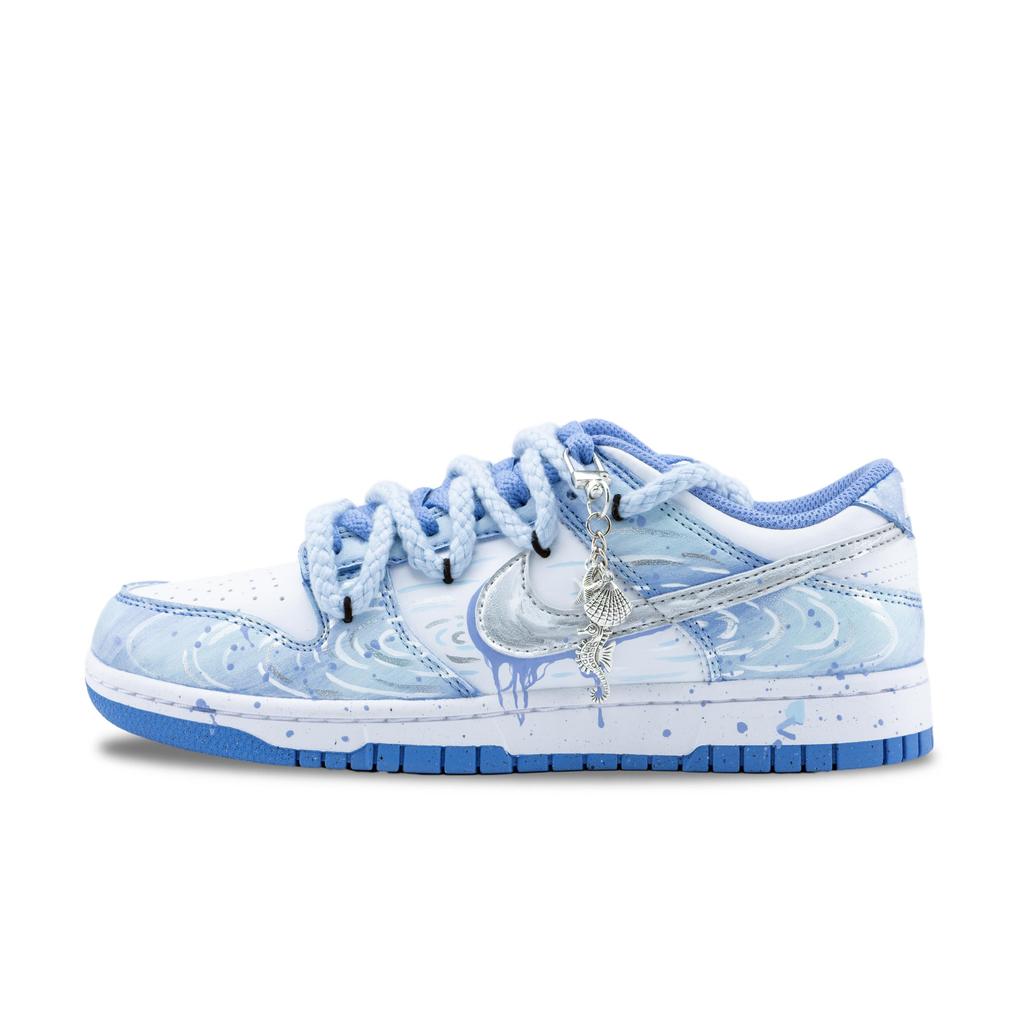 Nike Dunk Dreamy Ocean's Heart Slip Resistant Abrasion Resistant Low top Skateboard Shoes Unisex White Blue Silver DD1873-402(Team626-)