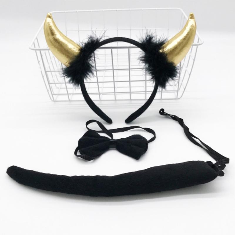 Devil Costume Kits Halloween Party Prop Devil Ears Headband Bow Tie Tail Set Cosplays Performances Prop for Women Kids