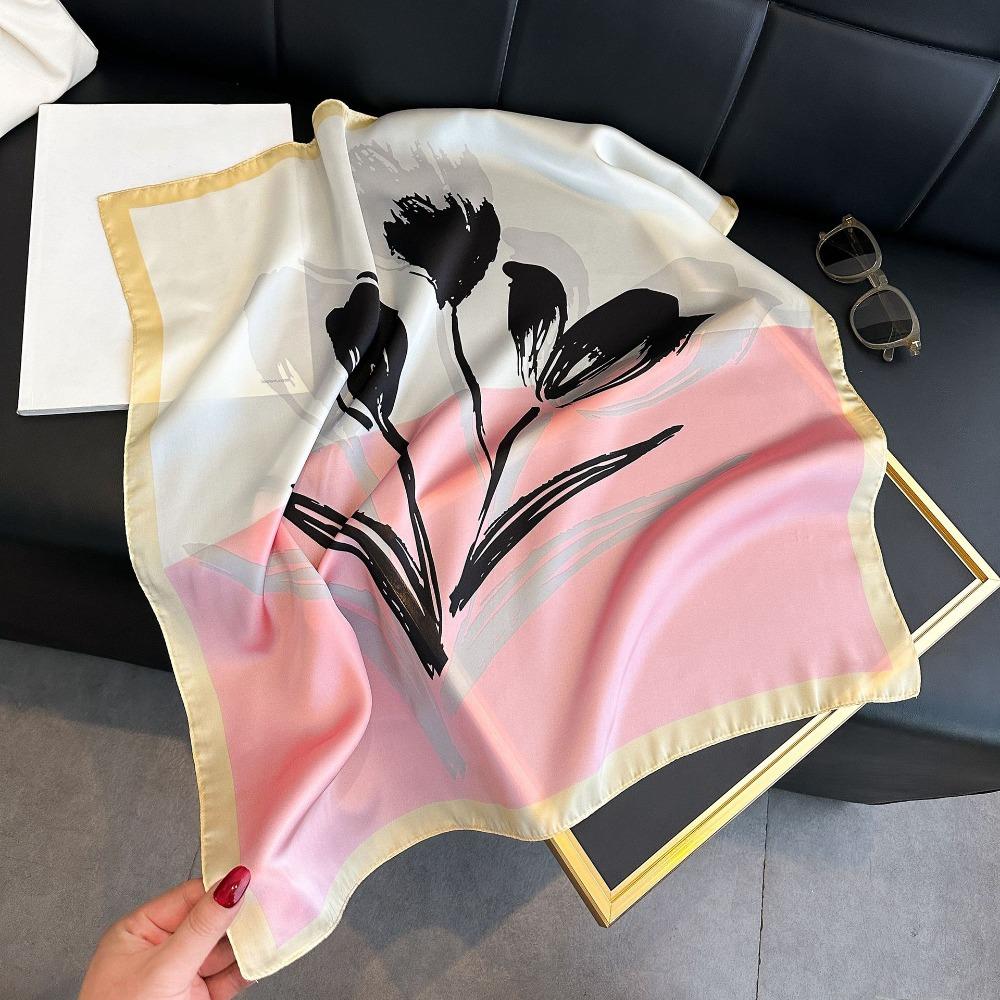 Polyester Lily Scarves Wrap Square Neckerchief Fashion Silk Hair Bands  Female Accessories розовый