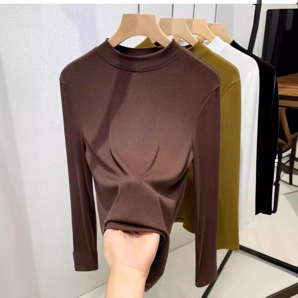 Women‘s Stand Collar Long Sleeve Slim Fit T-Shirt Solid Ribbed Casual Top Tee