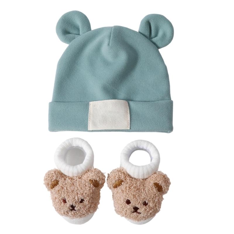 Atmungsaktive Babymütze mit Ohrenmuster und Socken Elastische Baumwoll-Polyester-Mischung Sanft zu empfindlicher Haut Sicherer Sitz für Säuglinge